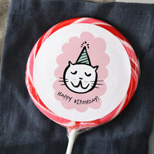 Load image into Gallery viewer, Cat With Party Hat Happy Birthday Lollipop - Suck It &amp; Say
